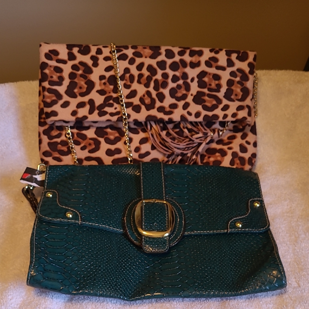 Leopard Print Crossbody and Teal/Green Clutch Set